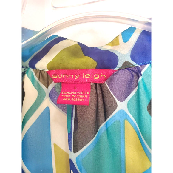 Sunny Leigh Womens Sheer Blue and Green Multicolor V-Neck Artsy Tunic Sz L - Picture 5 of 6